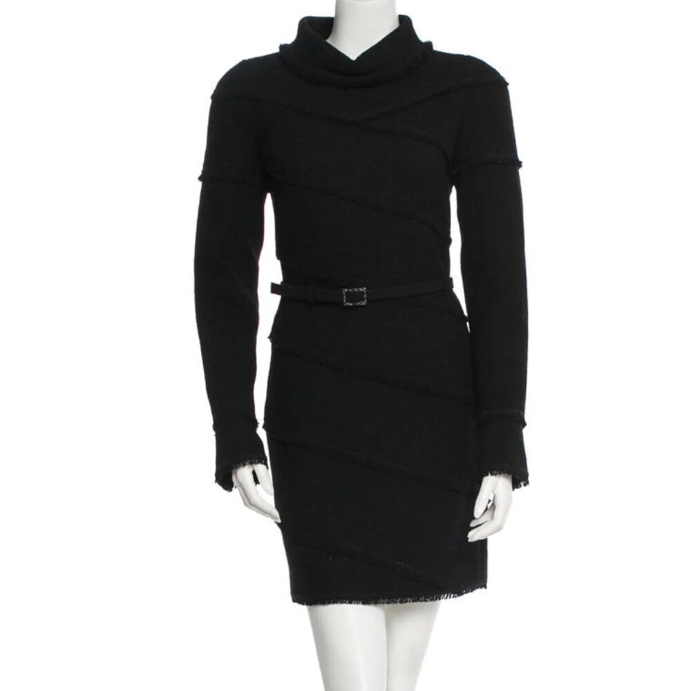 CHANEL Black Wool Long Sleeve Dress with Belt folded collar Size S, US4,…
